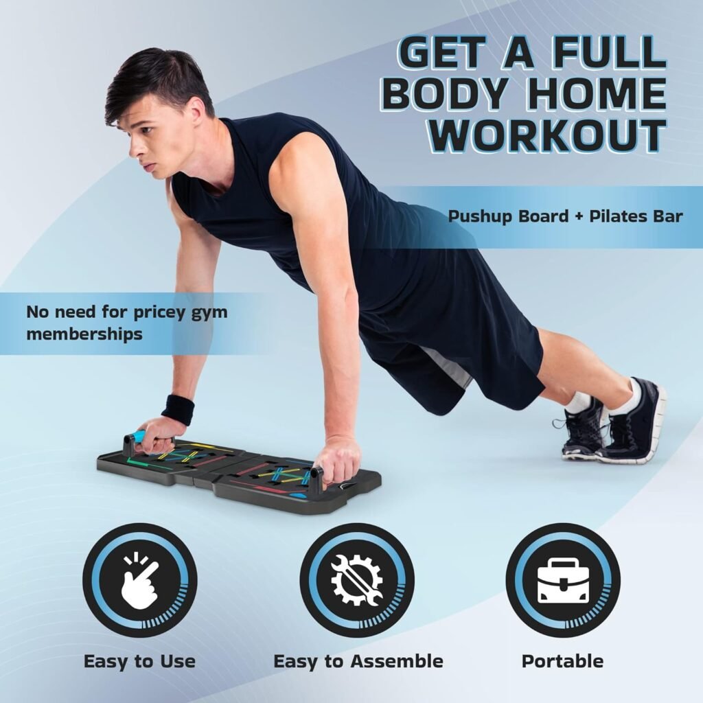 Blue Clouds - 30 in1 Pilates Bar and Push Up Board Kit - Complete Home Fitness - Total Body Exercise -Color Coded Foldable Pushup Board Fitness Tool - Reinforced Aluminum Resistance Band Bar - At Home Gym Accessories for Men and Women - Portable Gym