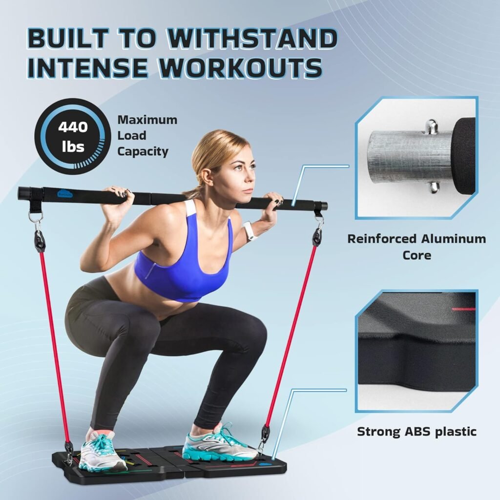 Blue Clouds - 30 in1 Pilates Bar and Push Up Board Kit - Complete Home Fitness - Total Body Exercise -Color Coded Foldable Pushup Board Fitness Tool - Reinforced Aluminum Resistance Band Bar - At Home Gym Accessories for Men and Women - Portable Gym
