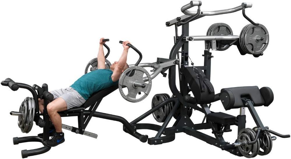 Body-Solid (SBL460P4) Free-Weight Leverage Gym with Squat Attachment and Olympic Leverage Flat Incline Decline Machine with Bench, Arm  Leg Strength Training Functional Exercise Workout Station