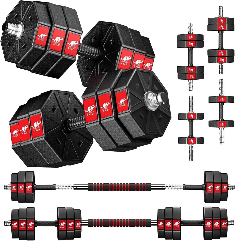 LEADNOVO Adjustable Weights Dumbbells Set, 44Lbs 66Lbs 88Lbs 3 in 1 Adjustable Weights Dumbbells Barbell Set, Home Fitness Weight Set Gym Workout Exercise Training with Connecting Rod for Men Women