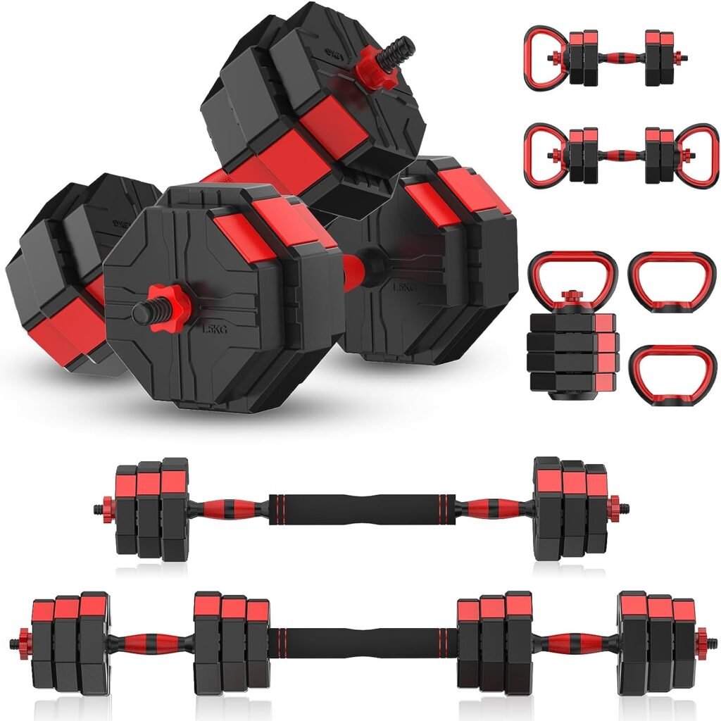 Loupusuo Adjustable Dumbbell Set 55LBS/70LBS Free Weights Set with Connector, 4 in1 Dumbbells Set Used as Barbell, Kettlebells, Push up Stand, Fitness Exercises Home Gym Workouts for Men/Women