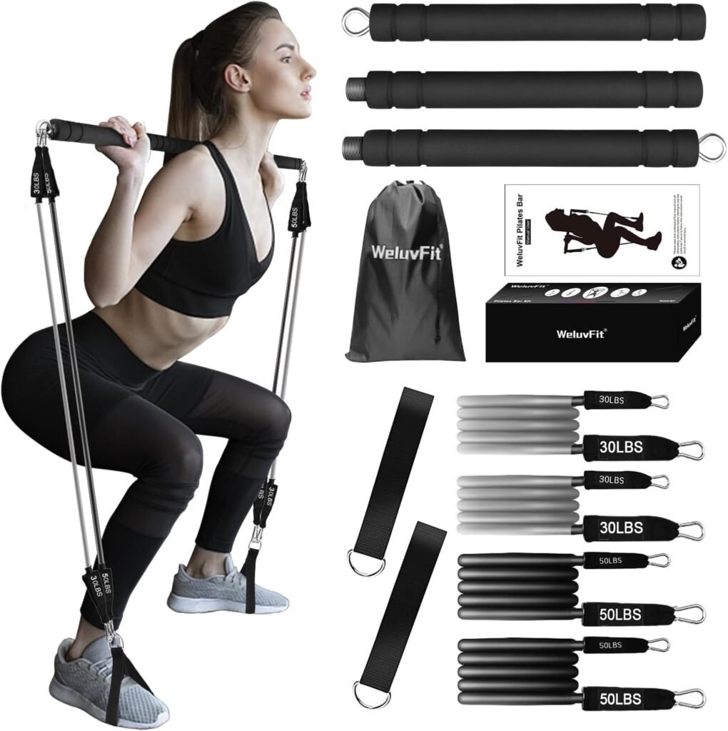 Pilates Bar Kit with Resistance Bands, WeluvFit Exercise Fitness Equipment for Women  Men, Home Gym Workouts Stainless Steel Stick Squat Yoga Pilates Flexbands Kit for Full Body Shaping