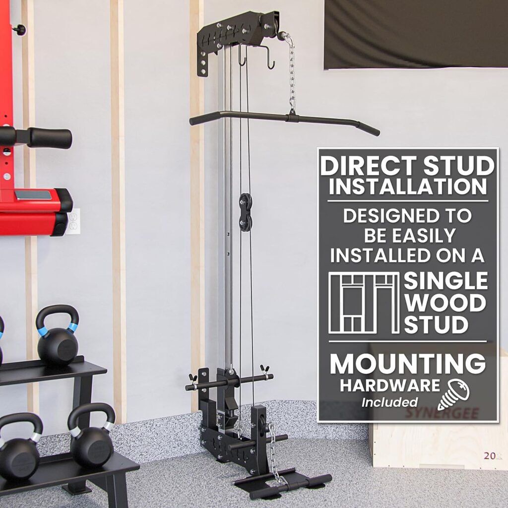 Synergee LAT Pull Down and LAT Row Cable Machine with Flip-Up Footplate, High and Low Pulley Station for 1” and 2” Plates. Home Gym Exercise Weight Machine.