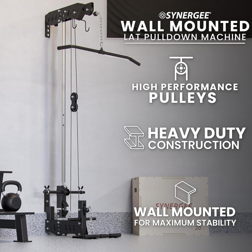 Synergee LAT Pull Down and LAT Row Cable Machine with Flip-Up Footplate, High and Low Pulley Station for 1” and 2” Plates. Home Gym Exercise Weight Machine.
