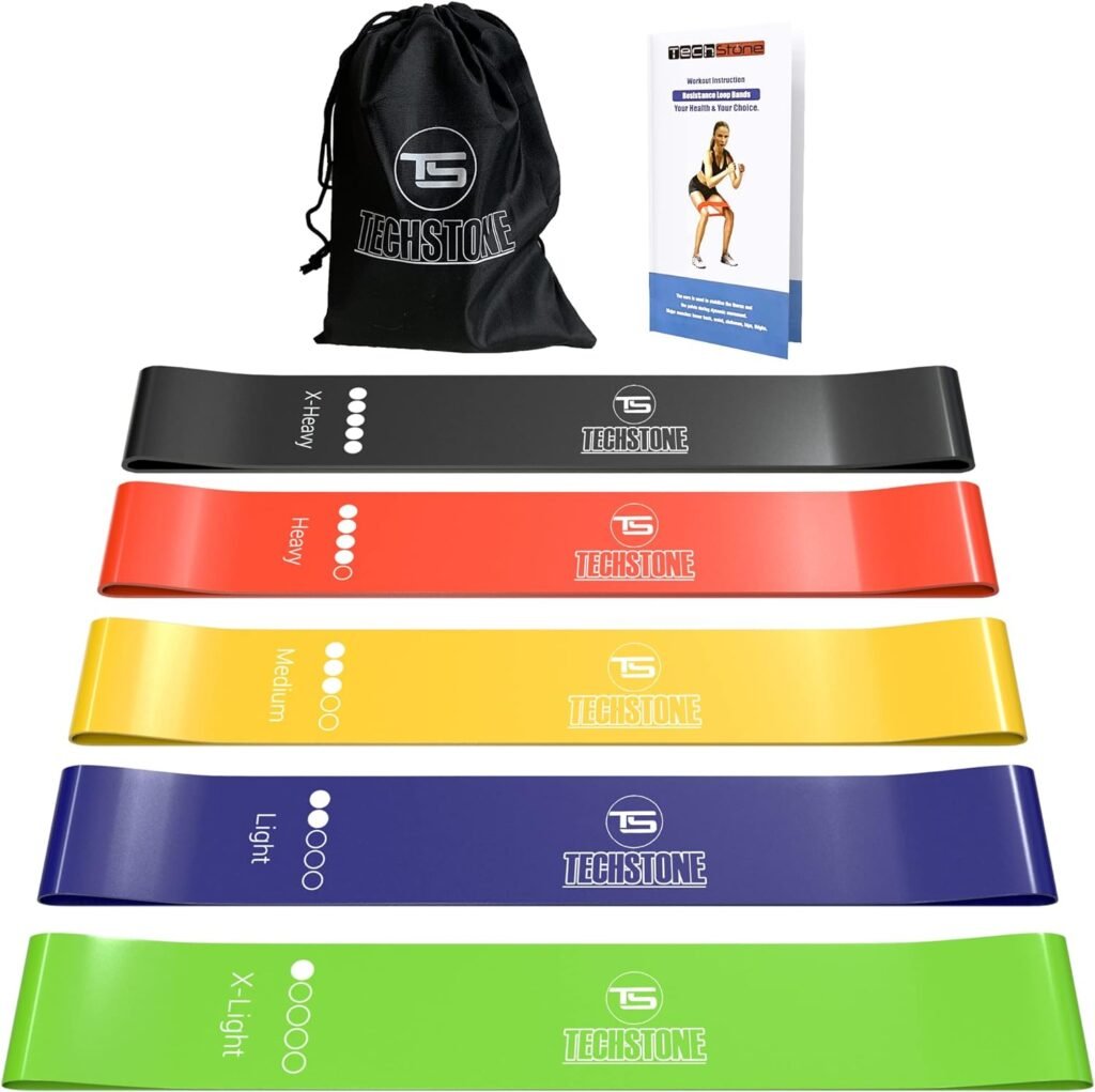 TechStone Resistance Bands Set for Men and Women, Pack of 5 Different Resistance Levels Elastic Band for Home Gym Long Exercise Workout – Great Fitness Equipment for Training, Yoga – Free Carrying Bag
