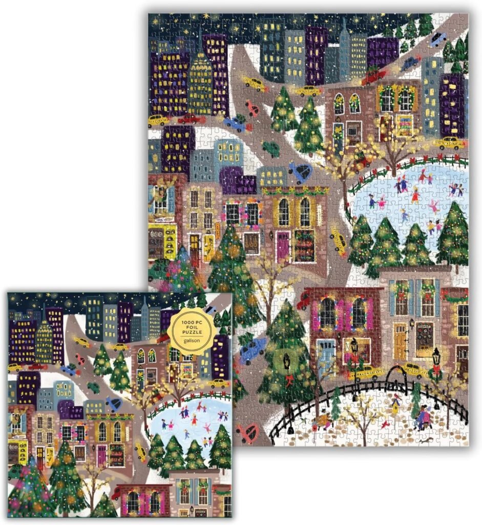 Galison Winter Lights Foil Puzzle 500 Pieces – Holiday Jigsaw Puzzle Featuring Festive City Scene by Joy Laforme – Thick, Sturdy Pieces Challenging Family Activity Great Gift Idea
