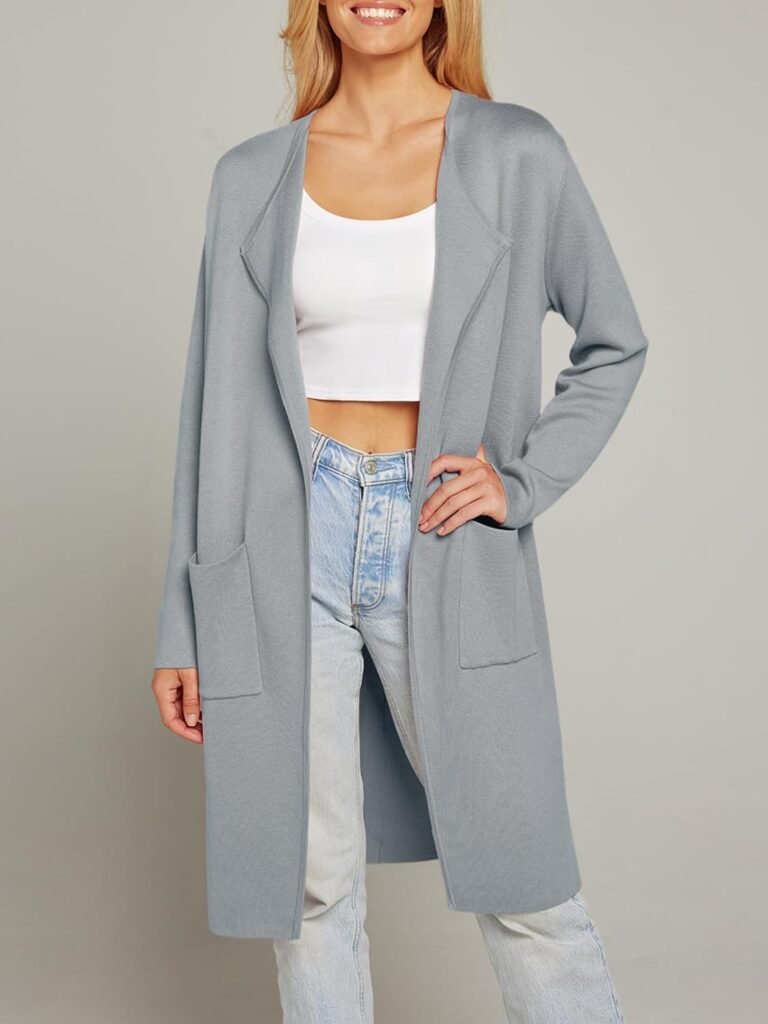 MEROKEETY Womens Open Front Coatigan Sweater Long Sleeve Casual Knit Lapel Cardigan Coat with Pockets