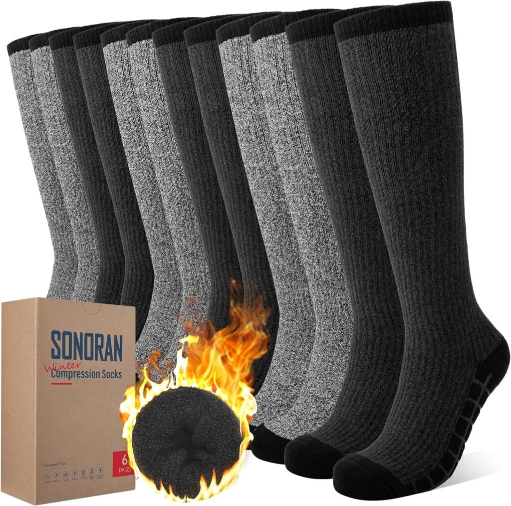 SONORAN Winter Compression Socks for Women Men (3/6 Packs) Warm Work 15-20mmHg Heavyweight Thick Cushion Cotton Over The Knee