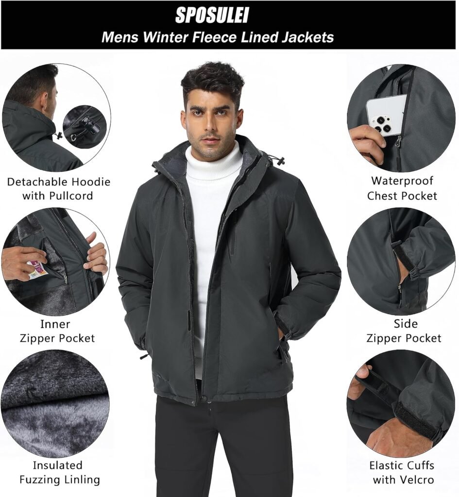 SPOSULEI Mens Skiing Jackets with Hoode Snowboarding Waterproof Fleece Liner Coats Windproof Winter Raincoat Multi Pockets