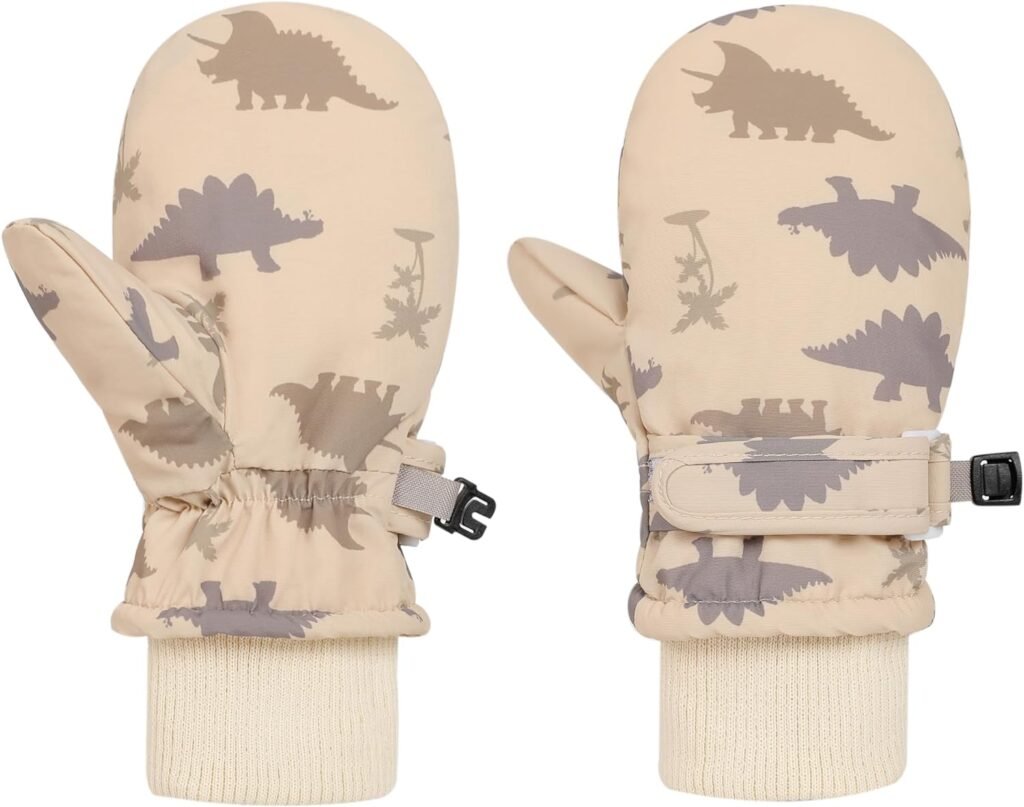 Urban Virgin Toddler Waterproof Outdoor Infant Mittens Baby Winter Gloves Dino Cuffed Warm Fleeced Kids Ski Gloves for Teens