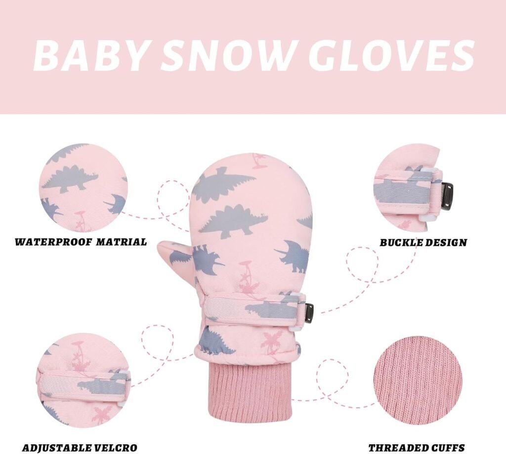 Urban Virgin Toddler Waterproof Outdoor Infant Mittens Baby Winter Gloves Dino Cuffed Warm Fleeced Kids Ski Gloves for Teens